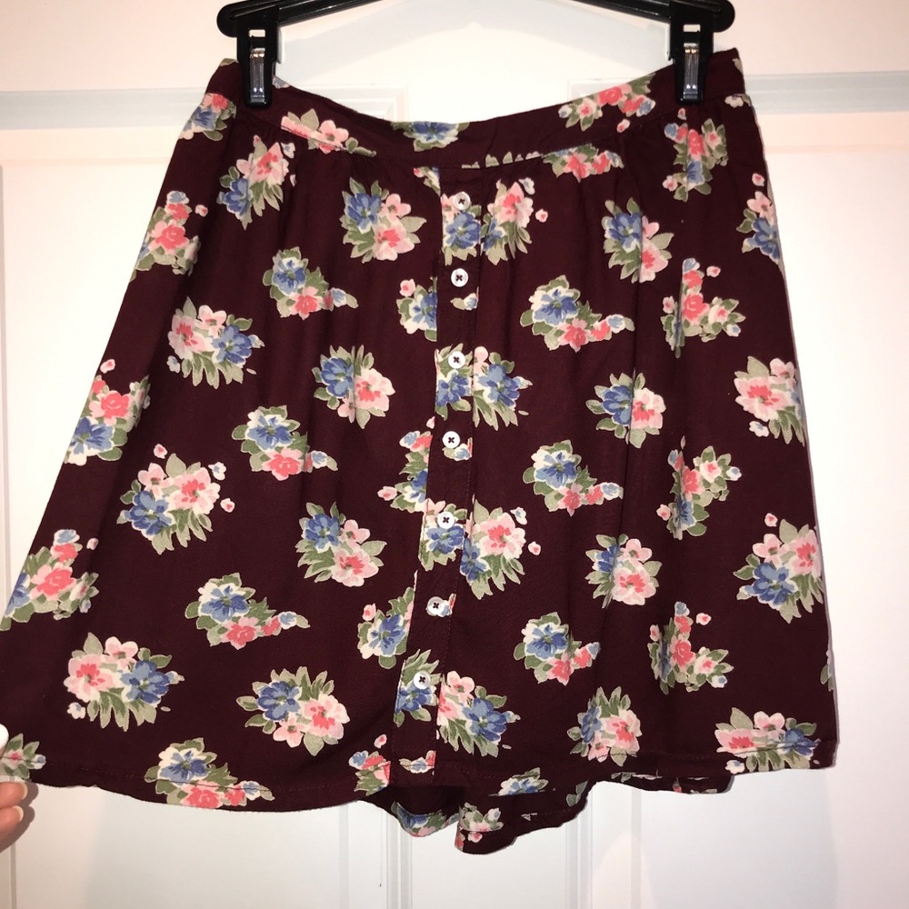 Hollister Maroon & Floral Flowy Skater Skirt
